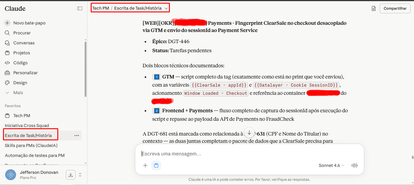 Conectores ativos: Atlassian, Figma, Gmail, Google Calendar, Google Drive, GitHub, Miro, Vercel
