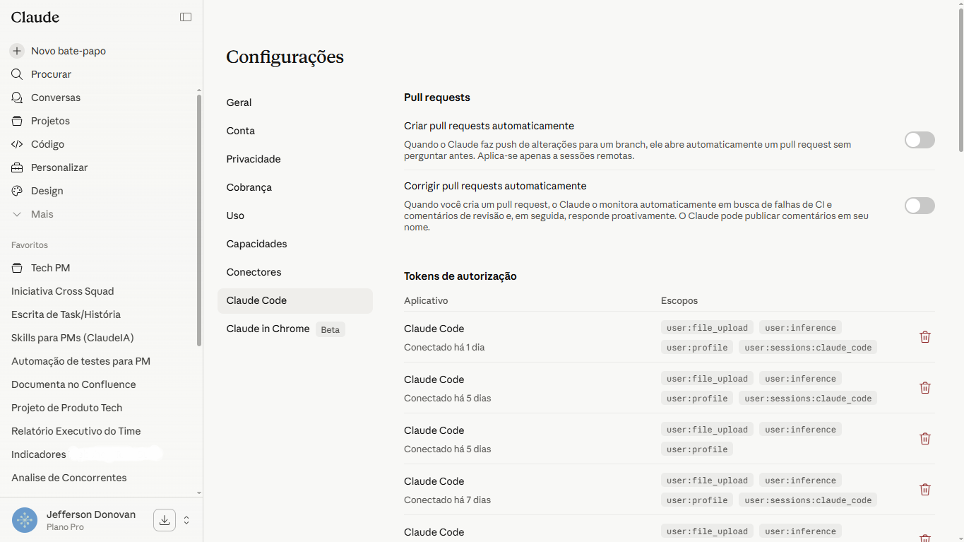 Habilidades do Claude: pm-copilot-pessoal, b2c-frontend, tokio-backend com módulos listados