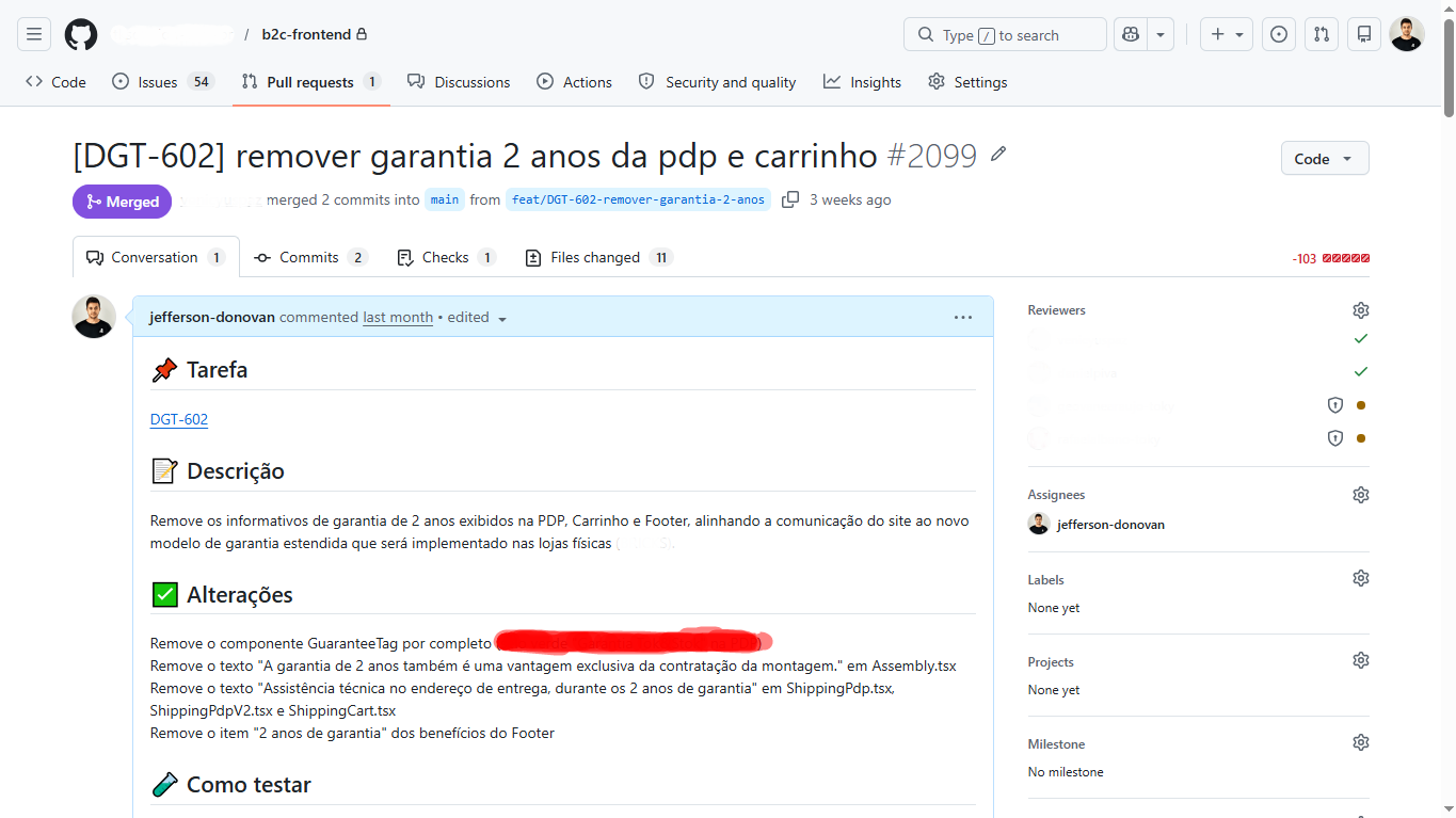 PR no GitHub mostrando [DGT-602] remove garantia 2 anos, status Merged